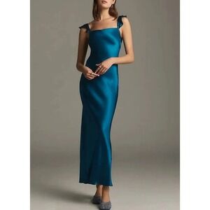 Anthropologie Size-S Flutter-Sleeve Square-Neck Maxi Dress $158 Blue